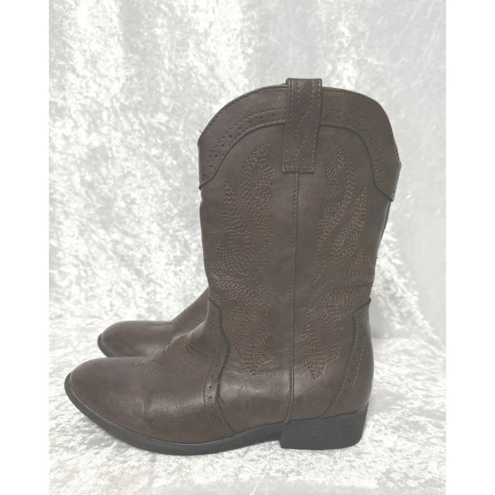 Dream Pairs Girls Dark Brown Western Cowboy Boots Side Zipper Embroidered Size 1